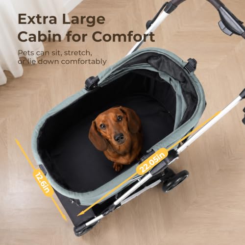 Image of Pet Stroller Dog Cat Stroller for Small Medium Dogs Cats, 4 Wheels Travel Folding Carrier Waterproof Puppy Stroller with Pad, Canopy and Cup Holder, Green