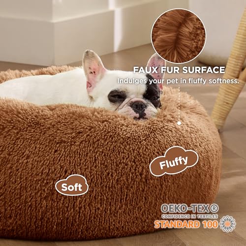 Image of Bedsure Calming Dog Bed for Small Dogs - Donut Washable Small Pet Bed, 23 inches Anti-Slip Round Fluffy Plush Faux Fur Large Cat Bed, Fits up to 25 lbs Pets, Copper