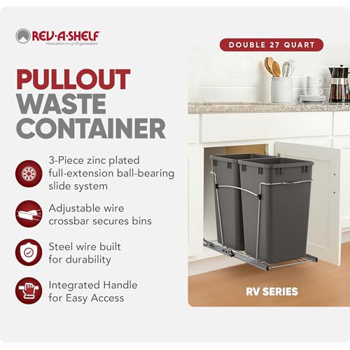 Image of Rev-A-Shelf Double Pullout Garbage Trash Cans for Kitchen Cabinets, 27 Qt