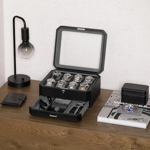 ROTHWELL 8 Slot Leather Watch Box with Valet Drawer - Luxury Case Display Jewelry Organizer, Locking Display Case Holder, Real Glass Top - Watch Box Organizer for Men & Women (Black/Grey) by ROTHWELL - Used condition - US$91.08