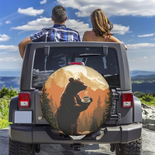 Image of Sunset Bear Coffee Spare Tire Cover for Rv Trailer Camper- Waterproof Wheel Protectors Cute Wheel Cover Universal Fit for Truck SUV Travel Camping Outdoor-14 inch