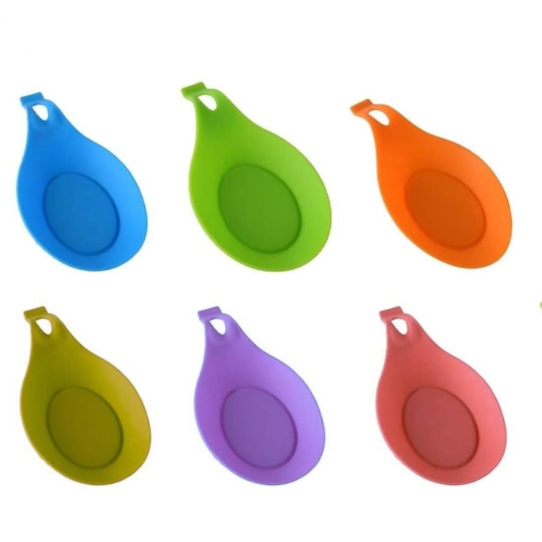 Silicone Spoon Rest, Flexible Almond-Shaped, Silicone Kitchen Utensil Rest Ladle Spoon Holder (Size: Medium/Multi Color Pack of 6)