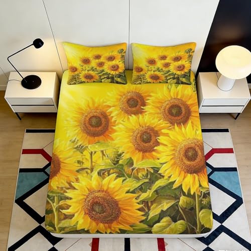 Drap housse imprimé tournesol 200x200 anti-plis et facile à border