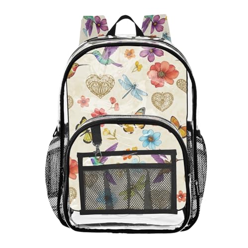 Colorful Vintage Flowers Birds Beige Women Clear Backpack Cute Kids Girls Backpack Boys Approved Shoulder Bag