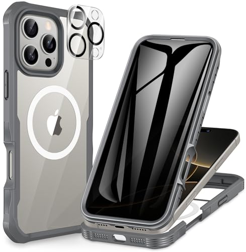 CENHUFO Magnética Antiespia Funda iPhone 16 Pro, Compatible con MagSafe Integrado Privacidad Cristal Templado Protector Pantalla y Protector cámara, 360 Grado Antigolpe Carcasa Capa Doble Case -Gris