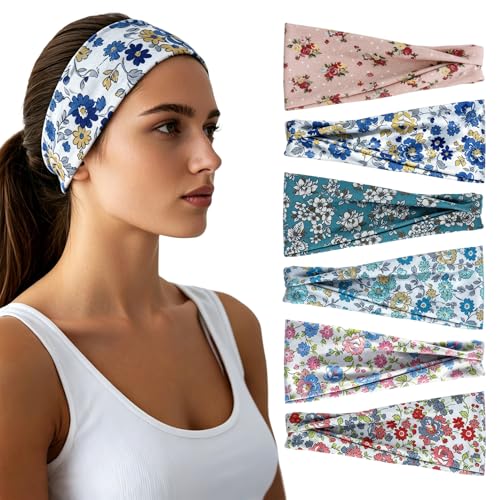 Image of Headbands for Women - 6 Pack Wide Elastic Hair Bands | Stretchy Sweatbands Hair Bands | Soft Sports Thin Head Bands | Non-Slip Accessories Bands for Fashion, Washing Face, Workouts, Yoga, Daily Use
