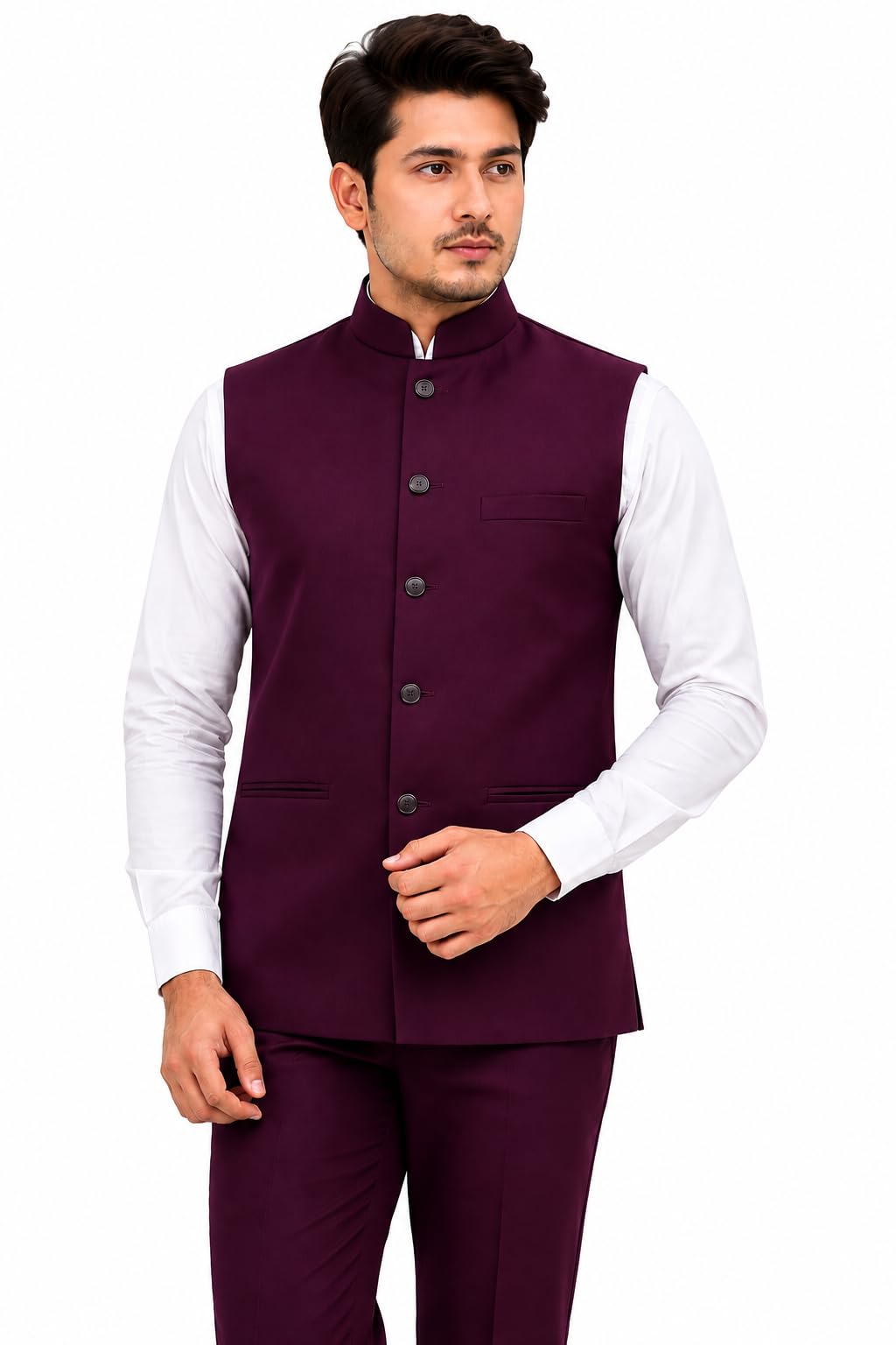 Armani Men's Black Nehru Jacket Solid Mandarin Collar Waistcoat (IN, Alpha, 2XL, Wine)-picture-20