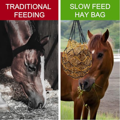 WEISGJA 3 PCS Slow Feed Hay Bag Hay Net for Horses,Goats,Sheep,Donkey 33 Inch Length with 3 x 3”Mesh Holes Livestock Supplies Hanging Hay Nets for Trailer and Stall (Black+Yellow)