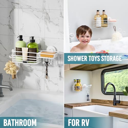 Image of TAILI Shower Caddy Suction Cup with Hooks, No Drill Shower Shelf, White | Heavy Duty Shower Organizer, Metal Storage Basket, Shampoo Holder, Soap Holder