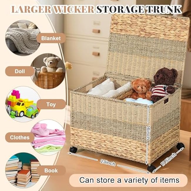 Rolling Wicker Storage Basket 23¡Á17.5¡Á16 Inch Toy Basket with Lid and Locking Wheels t for Blanket Bedroom, Laundry Room Natural