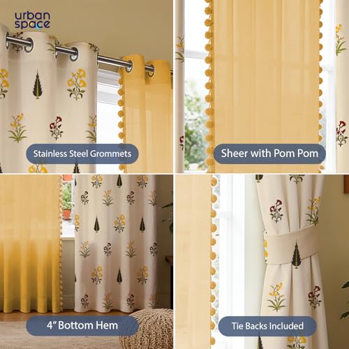 Image of Urban Space Printed 100% Cotton Curtain for Window, Cotton & Sheer Combo Set of 3 Curtains 5 Feet Long, Tieback & Eyelets Included with Curtains for Room Darkening (High Garden & Yellow pom pom)