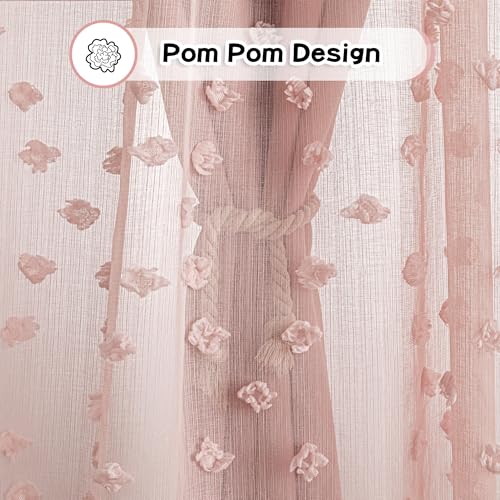 Image of MYSKY HOME Pink Curtains for Bedroom 95 Inches Long Living Room Curtain with Pink Pom Pom Sheer for Dining Room Grommet Double Layer Nursery Curtain Drapes Room Darkening Window Panels 52 Wide