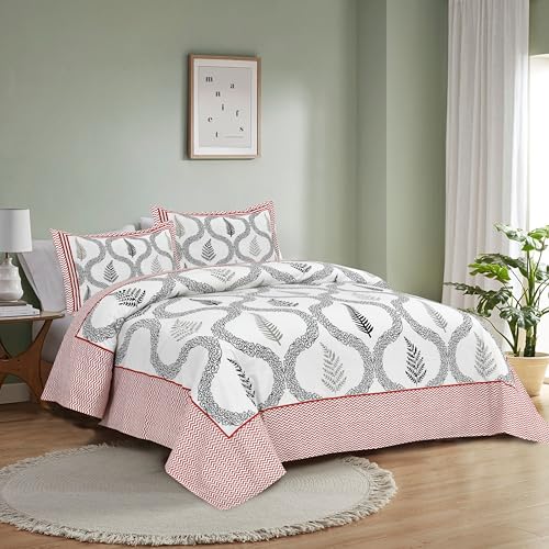 Image of King Size Cotton Bedsheet | 300 TC | 100% Cotton Flatsheet King Size with Two Pillow Covers | (254 * 274 cm, Pink White)