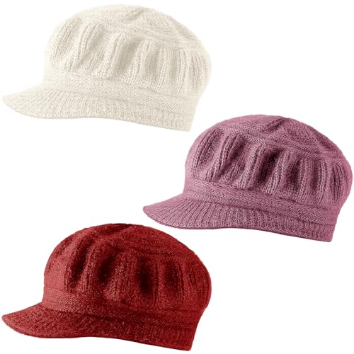 Mepase 3 Pieces Women Warm Hat for Winter Slouchy Beanie Cap with Visor Knitted Newsboy Hats for...