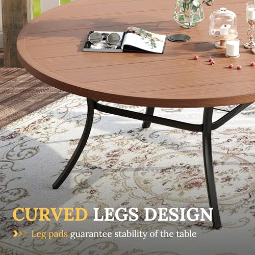 Image of VICLLAX 50 inch Outdoor Round Patio Table with Umbrella Hole, All Weather Metal Round Outdoor Dining Table for Lawn Garden, 6-8 Person Table, Walnut Wood Grain