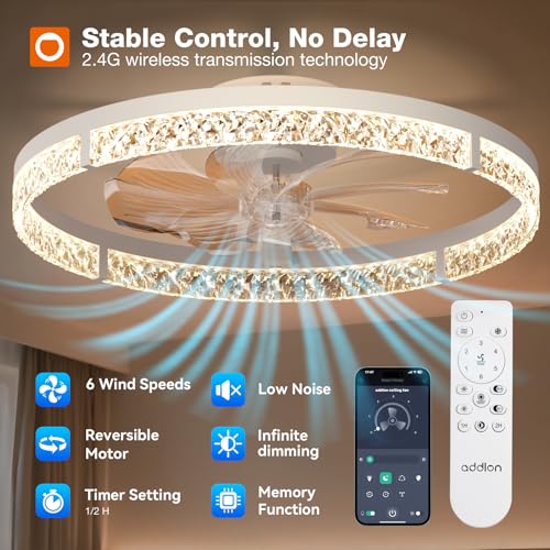 addlon Ceiling Fans with Lights and Remote, 24'' Low Profile Flush Mount Ceiling Fan, 3000–6000K Dimmable LED Fandelier, Bladeless Crystal Fan Light for Bedroom, Kitchen, Living Room, White by addlon - Used condition - Image 4