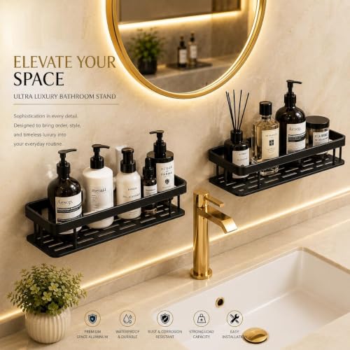 Image of Pack of 2 Self-Adhesive Aluminum Bathroom Shelves Mounted Without Drill for Wall | Space-Saving Storage Organizer Racks for Bathroom and Kitchen Accessories | Stylish Wall Stand for Home