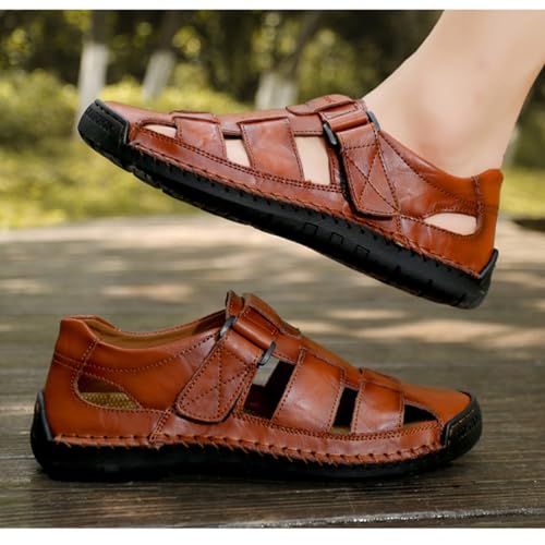 Men's Genuine Leather Handmade Hook Loop Fisherman Sandals Comfortable Hollow Non-Slip Walking Flats Slip On Closed Toe Soft Sole Breathable Summer Loafer Sandals2