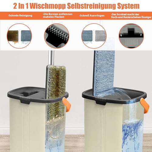 Wischmopp Set mit Eimer 2-in-1 Bodenwischer mit 360° Drehkopf & Auswringfunktion Putzeimer mit Wischmop Edelstahlgriff und 4 Mikrofaserpads Handfreies Reinigungssystem Für Parkett Laminat & Fliesen – Bild 3