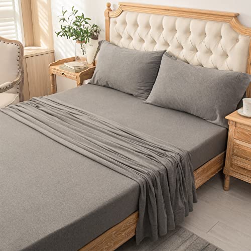 PURE ERA Jersey Knit 4pc Bed Sheet Set 100% T-Shirt Cotton Super Soft Comfy Breathable Fits Mattress Up to 15" Extra Deep Pocket (Heather Dark Grey, Twin)