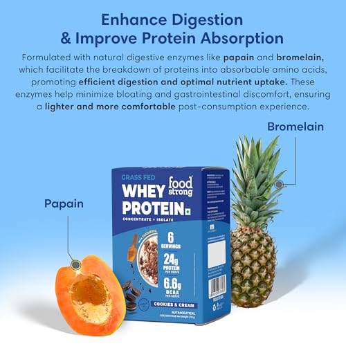Image of Foodstrong Whey Protein Powder (Concentrate + Isolate), 100% Hormone Free Grass-Fed Whey, 24G Protein & 6.6G BCAA, Cookies & Cream, With Turmeric & Digestive Enzymes, 210G