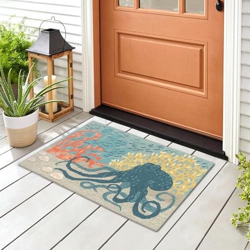 Liora Manne Frontporch Indoor Outdoor Rug - Novelty Design, Hand Hooked, Weather Resistant, UV Stabilized, Foyers, Porches, Patios & Decks, Ocean, 2' x 3'