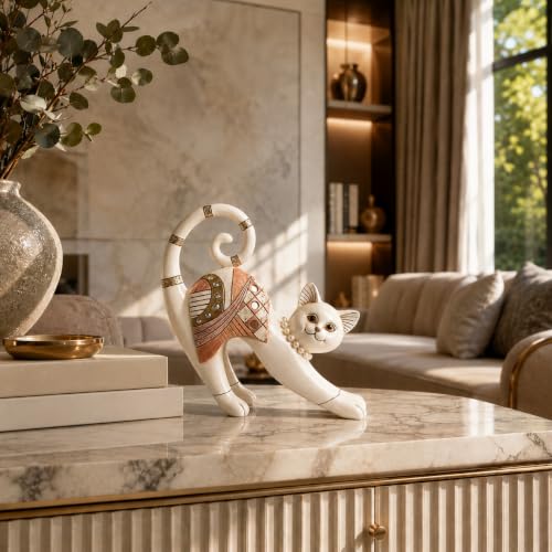 Image of Armonia Charming Stretching Cat Showpiece for Home Decor, Premium Polystone Cat Figurine with Crystal, Pearl & Rose Gold Accents, Decorative Statue for Living Room,Office,Bedroom,Shelf Decor,8.27 Inch