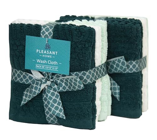 Image of PH Pleasant Home Diamond Wash Cloths Set - 12 Pack (12 inch x 12 inch) - 509 GSM - 100% Ring Spun Cotton Wash Cloth - Super Soft and Highly Absorbent Face Towels (Green, White & Mint)