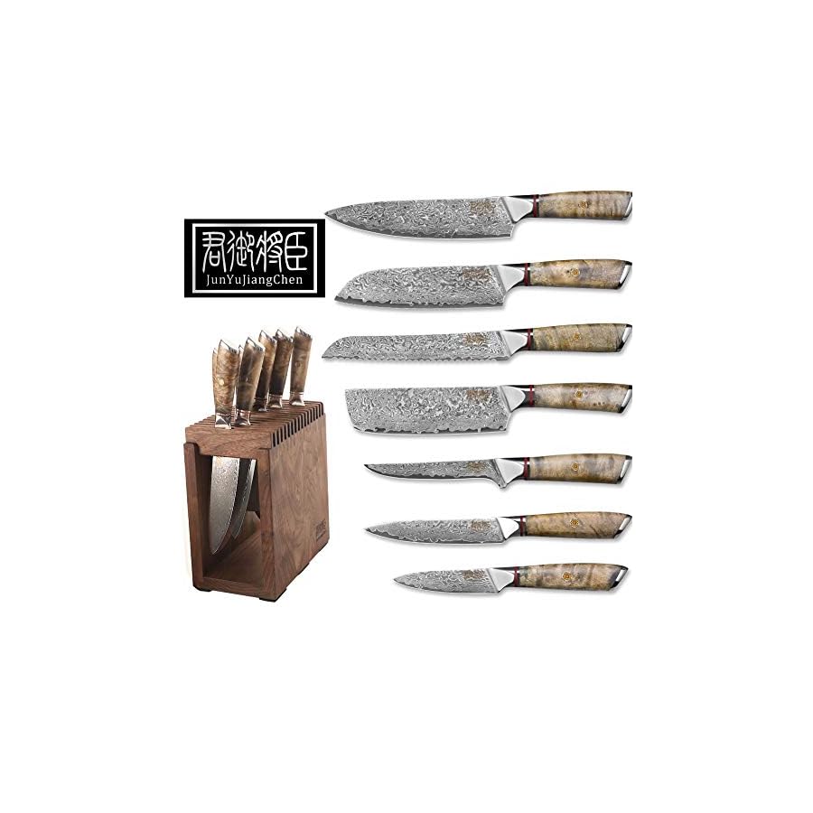 Kitchen Damascus Knife Set Japanese VG-10 Steel Knives Block Set Shadow Wood Handle for Chef Knife Set High Carbon Core Stainless Steel Full Tang Kitchen Knife Set with Block (8 Piece)