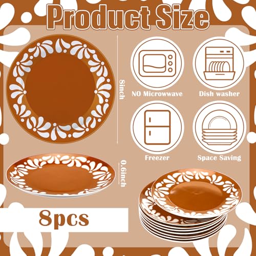 Potchen 8 Pcs Terracotta Cielito Lindo Party Decoration Ceramic Plates Mexican Party Tableware Set Round De Barro Talavera Salad Plate for Dishwasher Oven Safe Baby Shower Wedding