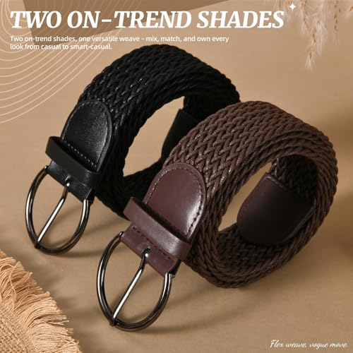 2 Pack Woven Stretch Belts for Women Summer Braided Belt Wide Woven Belt Elastic Belts for Women Dress3
