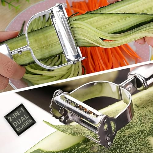 Image of SUNKUKA 2-in-1 Stainless Steel Vegetable Peeler & Julienne Slicer with Cleaning Brush - Durable, Rust-Proof, Knife-Friendly Kitchen Peeler for Carrots, Potatoes, Cucumbers & More
