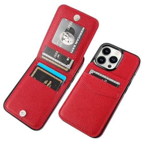 Image of KIHUWEY Compatible with iPhone 13 Pro Case Wallet with Credit Card Holder, Premium Leather Magnetic Clasp Kickstand Heavy Duty Protective Cover for iPhone 13 Pro 6.1 Inch (Lichee Red)