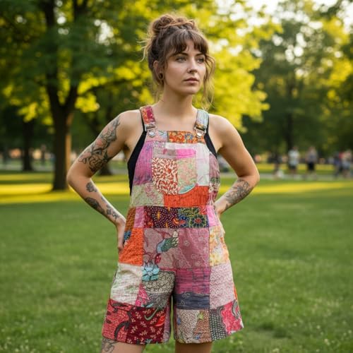 Salopette courte patchwork bohème femme rouge taille 38 - 2