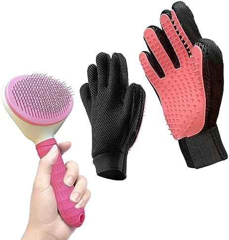 Set Pet Grooming Brush and Glove Hair Remover, Grooming Kit for Pets with Self Cleaning Head – Soft Hair Remover Massager Glove for Dog Cat and Brush Helps to Detangle. (Pink)