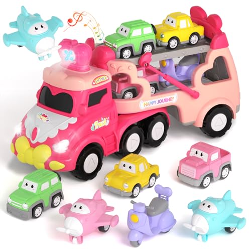 Image of newcrave Toys for 1 2 3 Year Old Girl Truck, 7-in-1 Carrier Truck Cars Toys for Girl, Toddler Girls Toys Age 1-2 2-3, Princess Toy with Light & Sound, Easter Birthday Gifts for 1 2 3 Year Old Girls