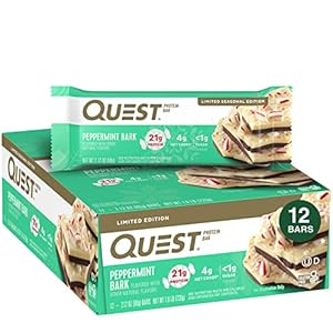Quest Nutrition Peppermint Bark Protein Bar, 21g Protein, 4g Net Carb, 1g Sugar, Gluten Free, 12 Count