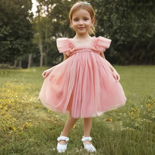 Girl Summer Birthday Party Dress Flutter Sleeve Tulle Tutu Dresses Princess Prom Dress Size 0-8Y2