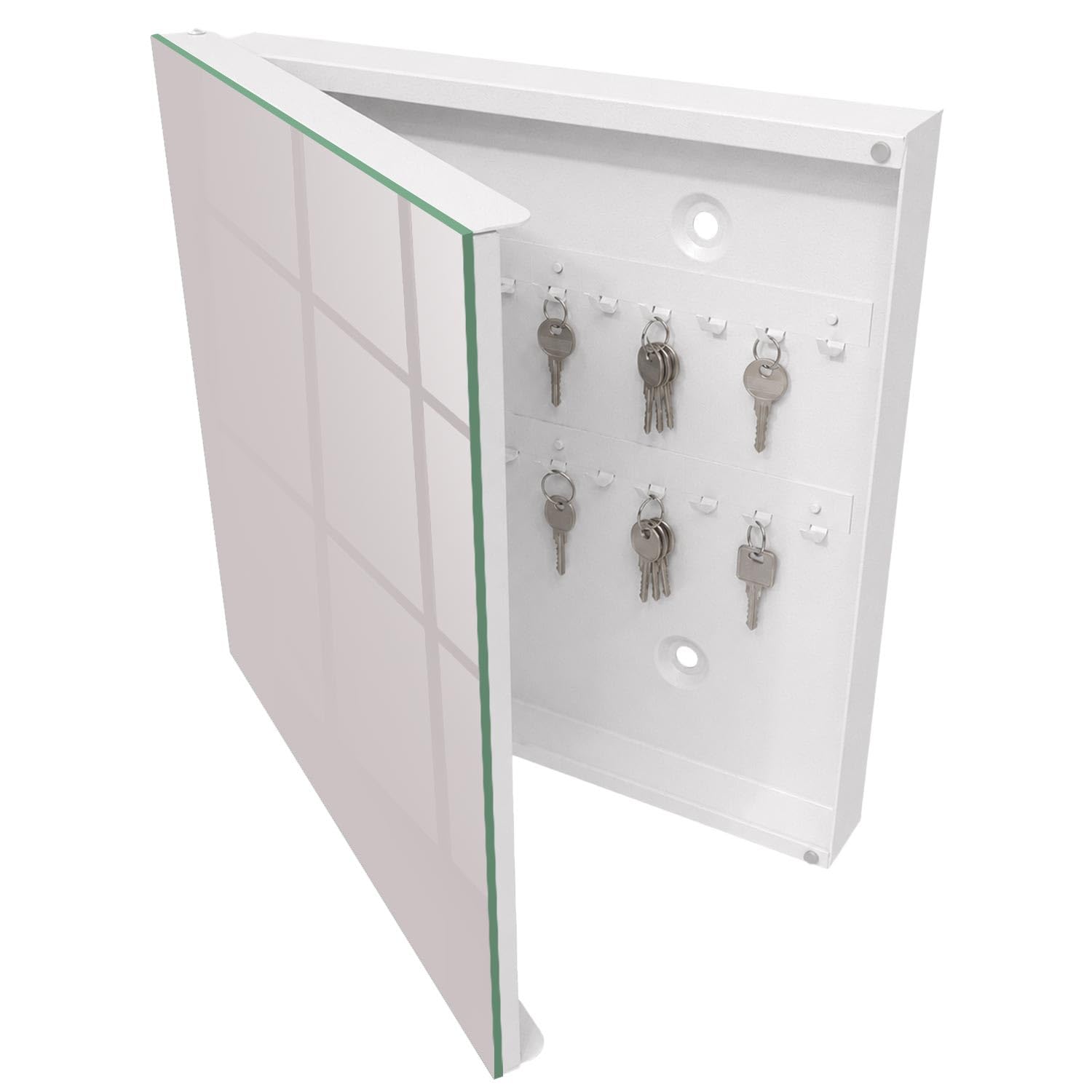 Armadietto Portachiavi 30x30 cm | Bianco | A Sinistra | Montaggio a Parete | Grigio cenere | per Uffici | Tasselli e Viti Inclusi | Frontale Decorativo in Vetro Temperato | in Metallo