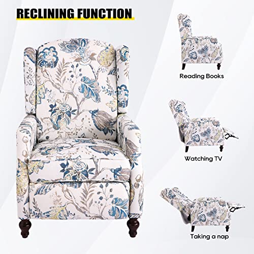 Consofa Upholstered Wingback Recliner Chair, Traditional Push Back Recliner With Padded Seat, Wingback Fabric Recliner Chair, Mid Century Modern Recliner Chair For Living Room (1, Blue Floral) #TOP2