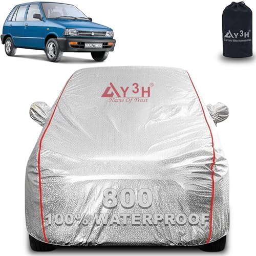 Image of 100% Waterproof Car Cover Compatible with Maruti 800 | All Weather, Dust Proof, UV Protective with Mirror Pocket (Silver Magic)