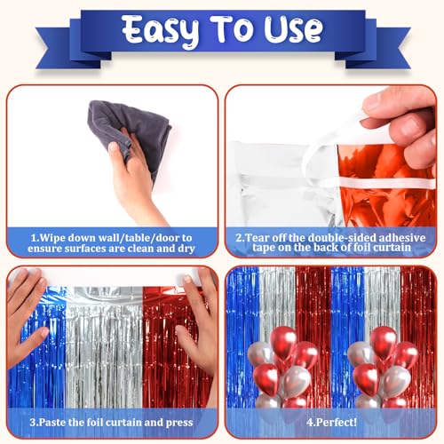 Image of Voircoloria 2 Pack Blue Red Silver Foil Fringe Backdrop Curtains, Tinsel Streamers Party Decorations, Fringe Backdrop, Door Shimmer for Independence Day or Birthday Party