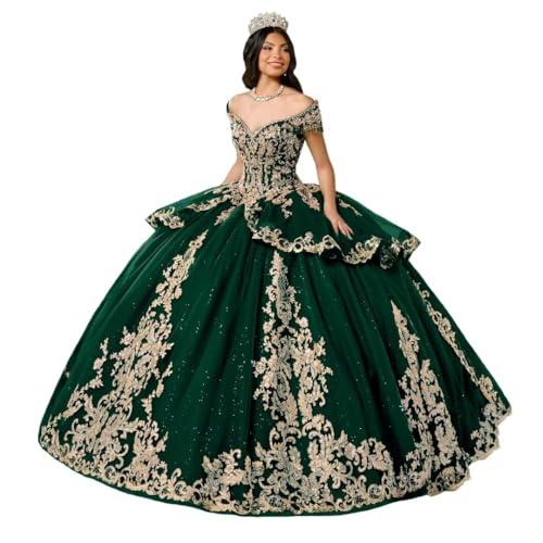 DXUOPL Emerald Green Puffy Tulle Quinceanera Dresses with Gold Appliques Off Shoulder Vestidos De 15 Años Quinceañera Luxury Tassel Ball Gown for Sweet 15 16 Bow Dress Size 0