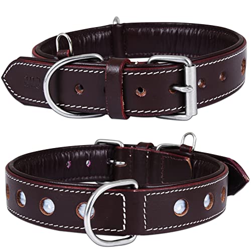 Image of Reflective Full-Grain Leather Dog Collar, Large, Cherry | Double D Ring, Soft Nappa padding, Heavy Duty, Reflective Detailing, Adjustable Fit, Fit Neck Size 18.5 inch-22.5 inch