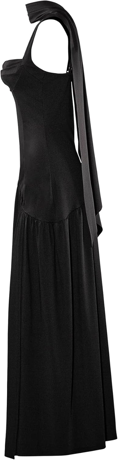 Women Sexy Spaghetti Strap High Slit Maxi Dress with Scarf Square Neck Pleated Long Party Dress - Image 4