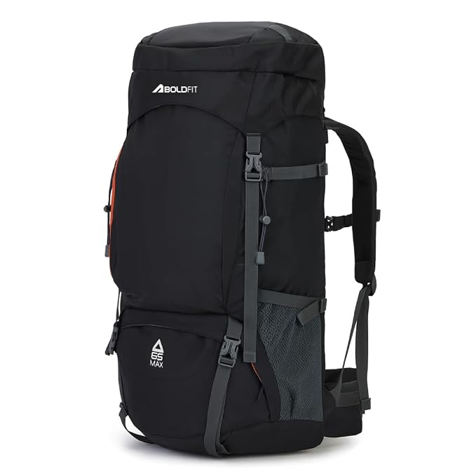 Boldfit Rucksack Bag 65 litres Trekking Bag Travel Backpack for Men & Women Rucksack Bags for Men with Laptop Sleeve & Waterproof Rain Cover for Camping Tourist Shoe Compartment 65Ltrs (Black)