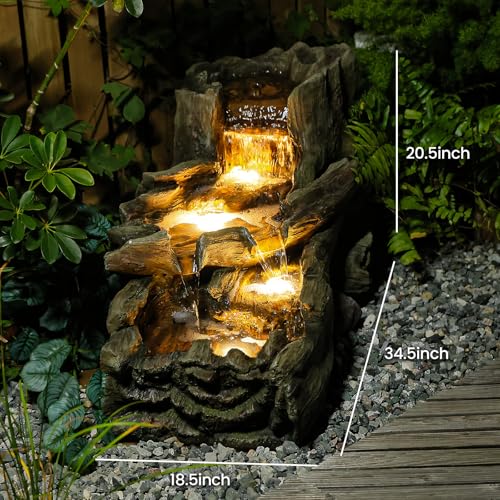 Image of Sunlinua 34.5 inch L Garden Outdoor Water Fountain, Floor Standing Wood Imitation Resin Natural Waterfall Fountains with LED Lights for Patio, Porch, Home Art Decor