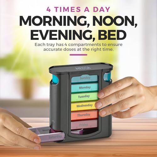 Image of Weekly Pill Organizer, 1 Dispenser, 7 Stackable Compartments Four Times-a-Day - Morning, Noon, Evening, and Bedtime, Black