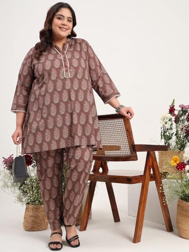 Image of Tissu Women's Plus Size Pure Cotton Red Asymmetrical Top with Trouser Co-ord Set