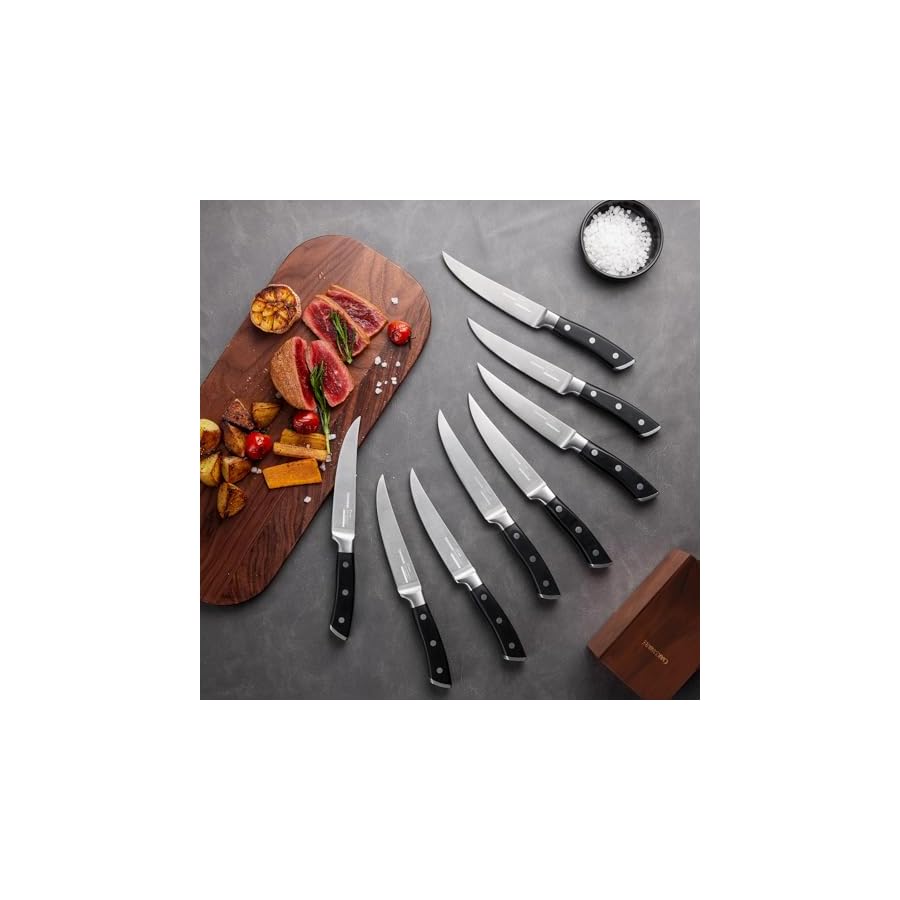 OAKSWARE-Steak-Knives-Set-of-8-with-Walnut-Block-5-inch-Non-Serrated-Steak-Knife-Set-8-Pieces-Straight-Edge-Kitchen-Steak-Knives-Forged-German-Steel-Full-Tang-Handle OAKSWARE Steak Knives Set of 8 with Walnut Block, 5 inch Non Serrated Steak Knife Set, 8 Pieces Straight Edge Kitchen Steak Knives - Forged German Steel - Full Tang Handle